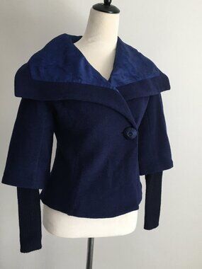 SOFT SURROUNDINGS Blue Wool Blend Wide Collar Ribbed Knit Sleeve Coat Jacket